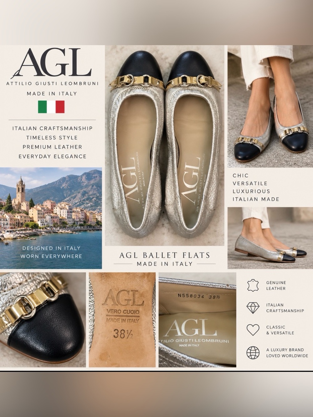 AGL Silver Metallic Ballet Flats with Black Cap Toe and Gold Buckle size 7.5